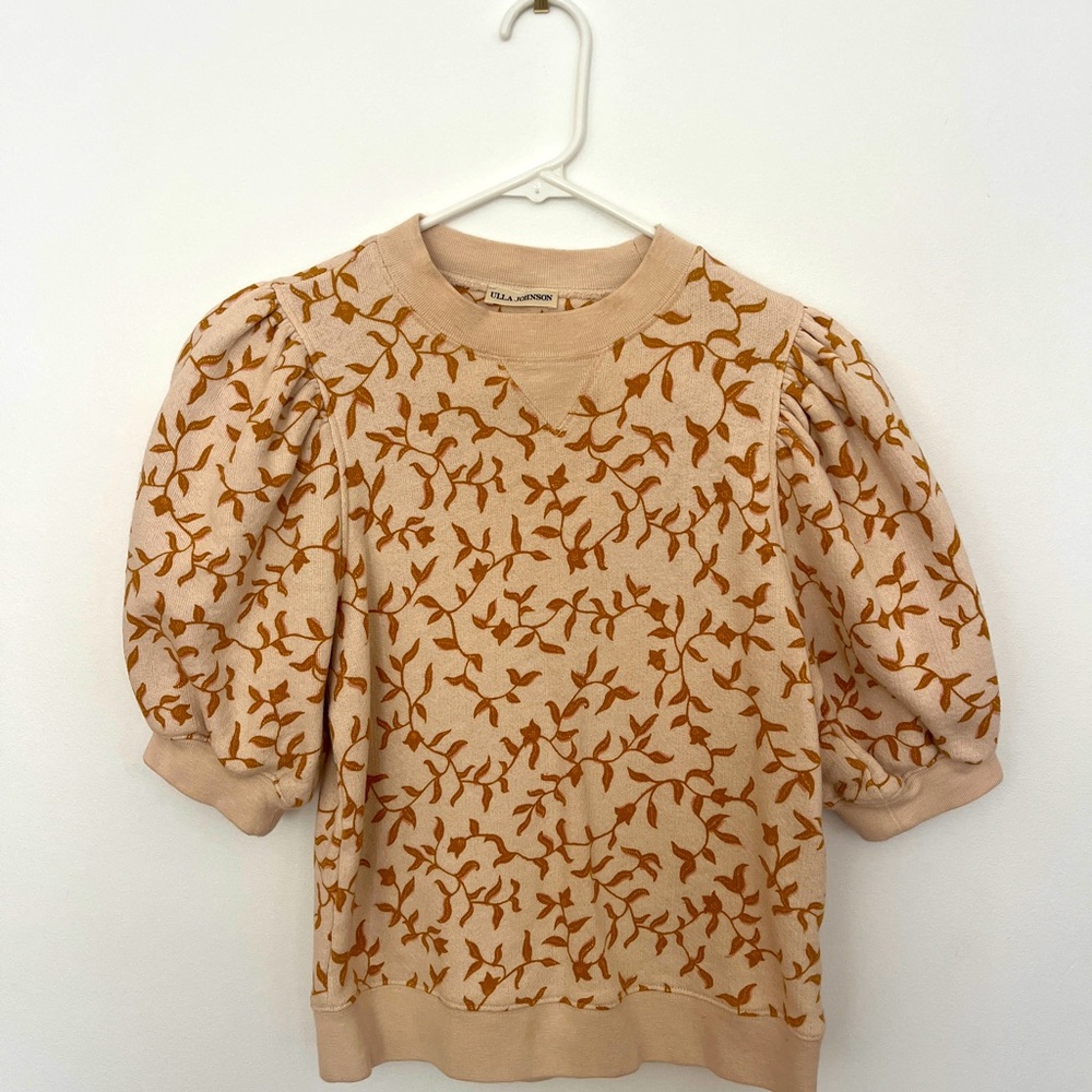 ULLA JOHNSON PUFF SLEEVE SWEATSHIRT RAMI LIGHT PINK VINE PRINT